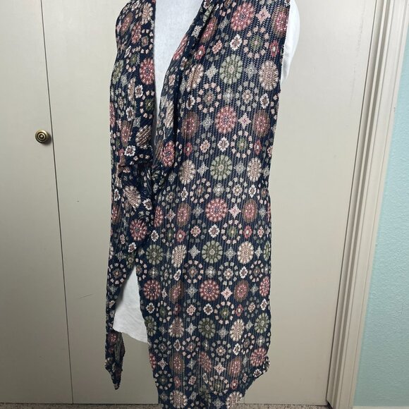 Cato Navy Blue Floral Sleeveless Long Open Vest Cardigan Uneven Hem Size Large - Picture 6 of 14